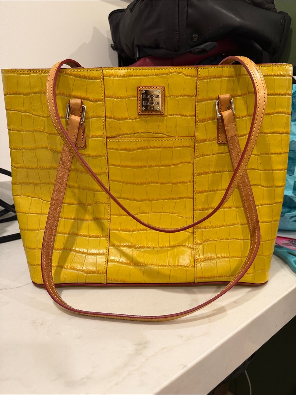 Dooney & Bourke Yellow Croc-Embossed Tote with Tan Straps